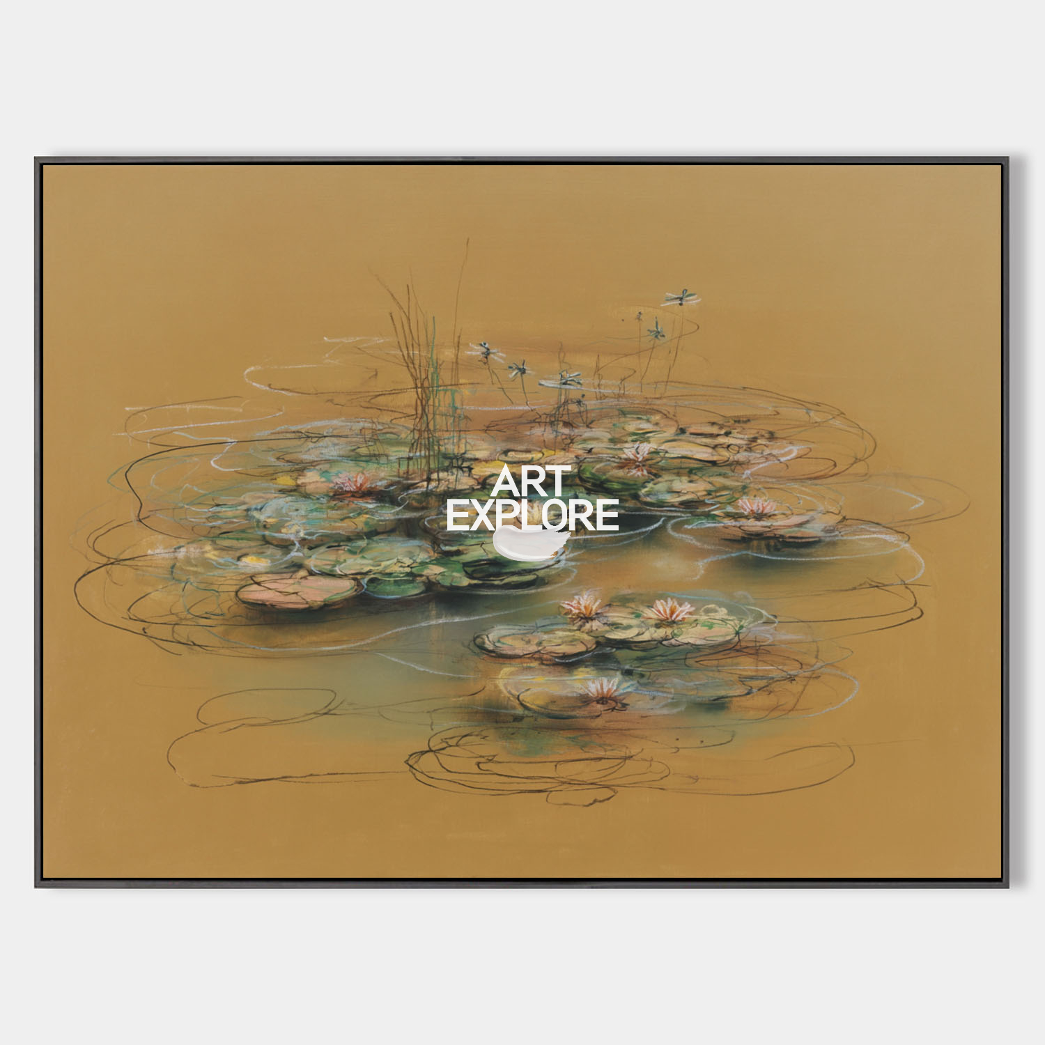 Tranquil Water Lily Lotus Painting – Large Brown Wall Art | ArtExplore