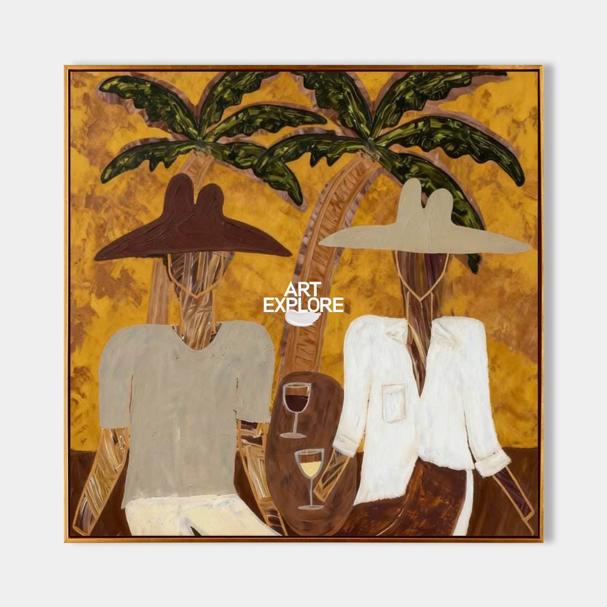 Tropical Minimalist Folk Art Painting Brown Green Beige Square Canvas Original Handmade