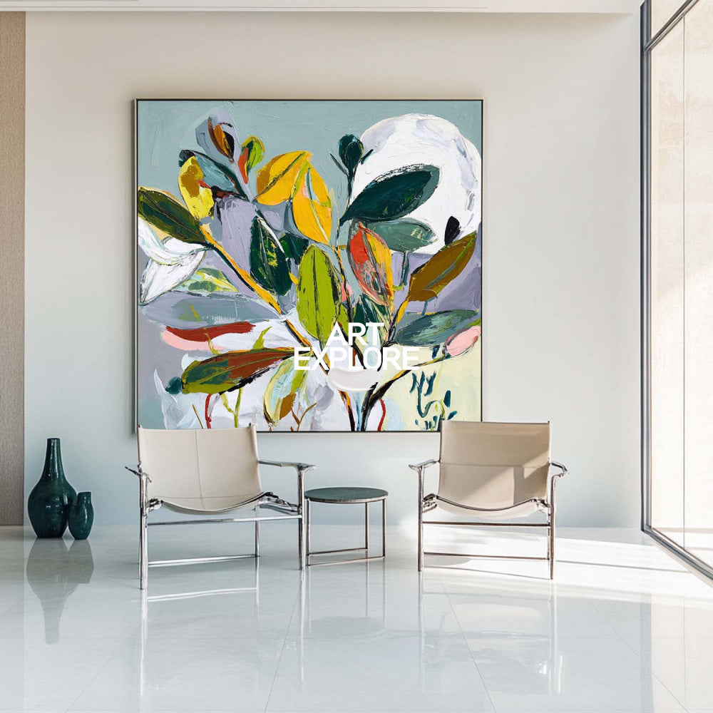 Urban Contemporary Tropical Abstract - Bold Hand-Drawn Oil Painting