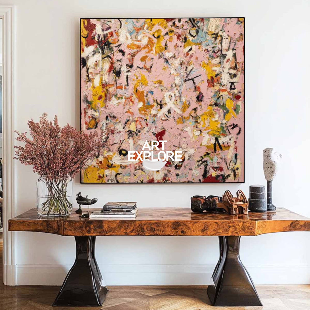 Urban Street Style Floral Abstract - Pink & Yellow Textured Painting