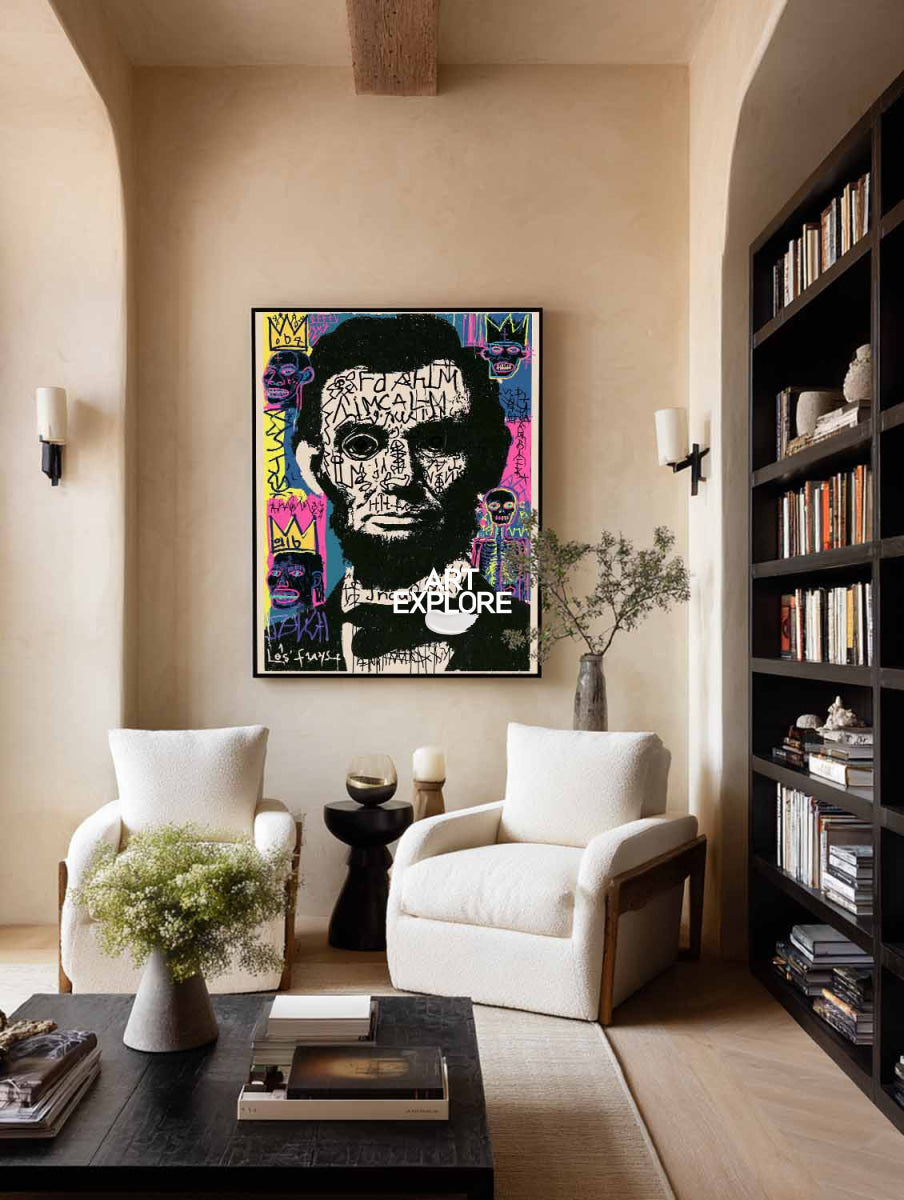 Hand-Painted Graffiti Lincoln Canvas Art With Black And Beige Tones