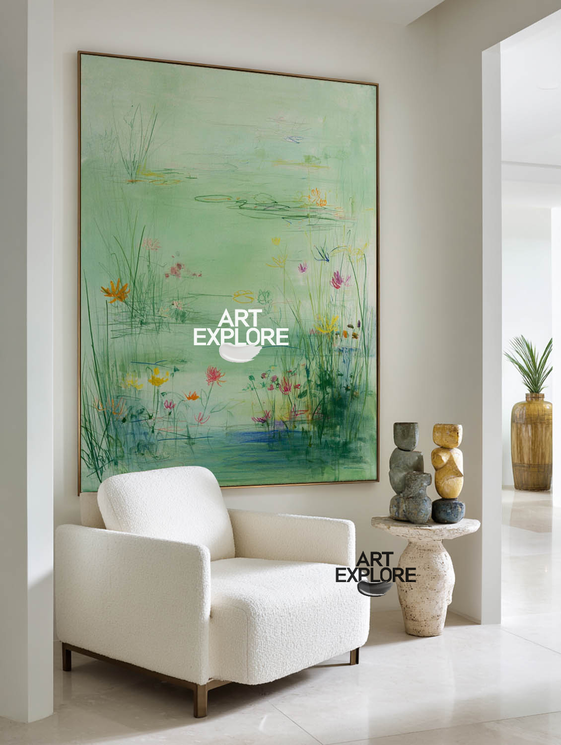 Vertical Green Nature Painting for Modern Living Room | ArtExplore Decor