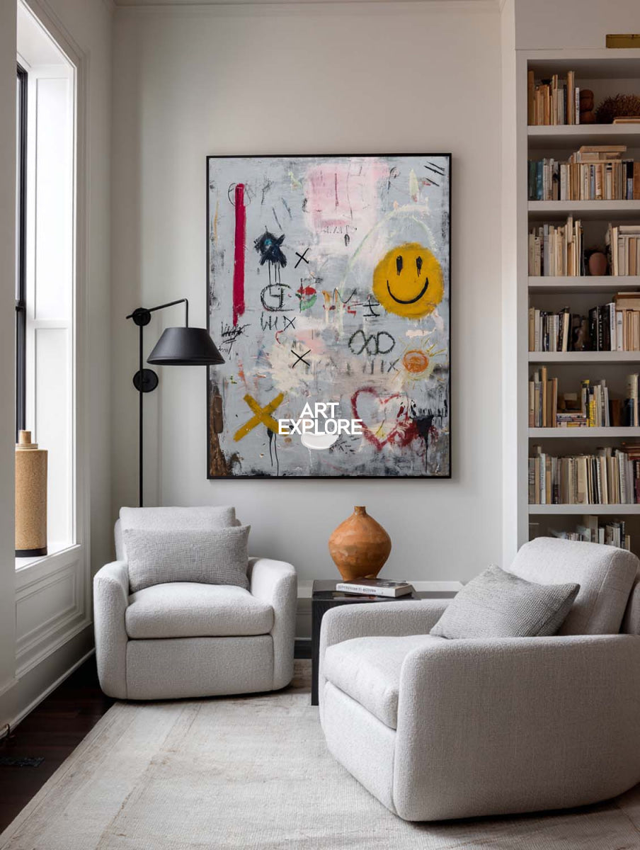 Vibrant Abstract Pop Art Canvas With Smile Icon For Playful Home And Game Room Walls