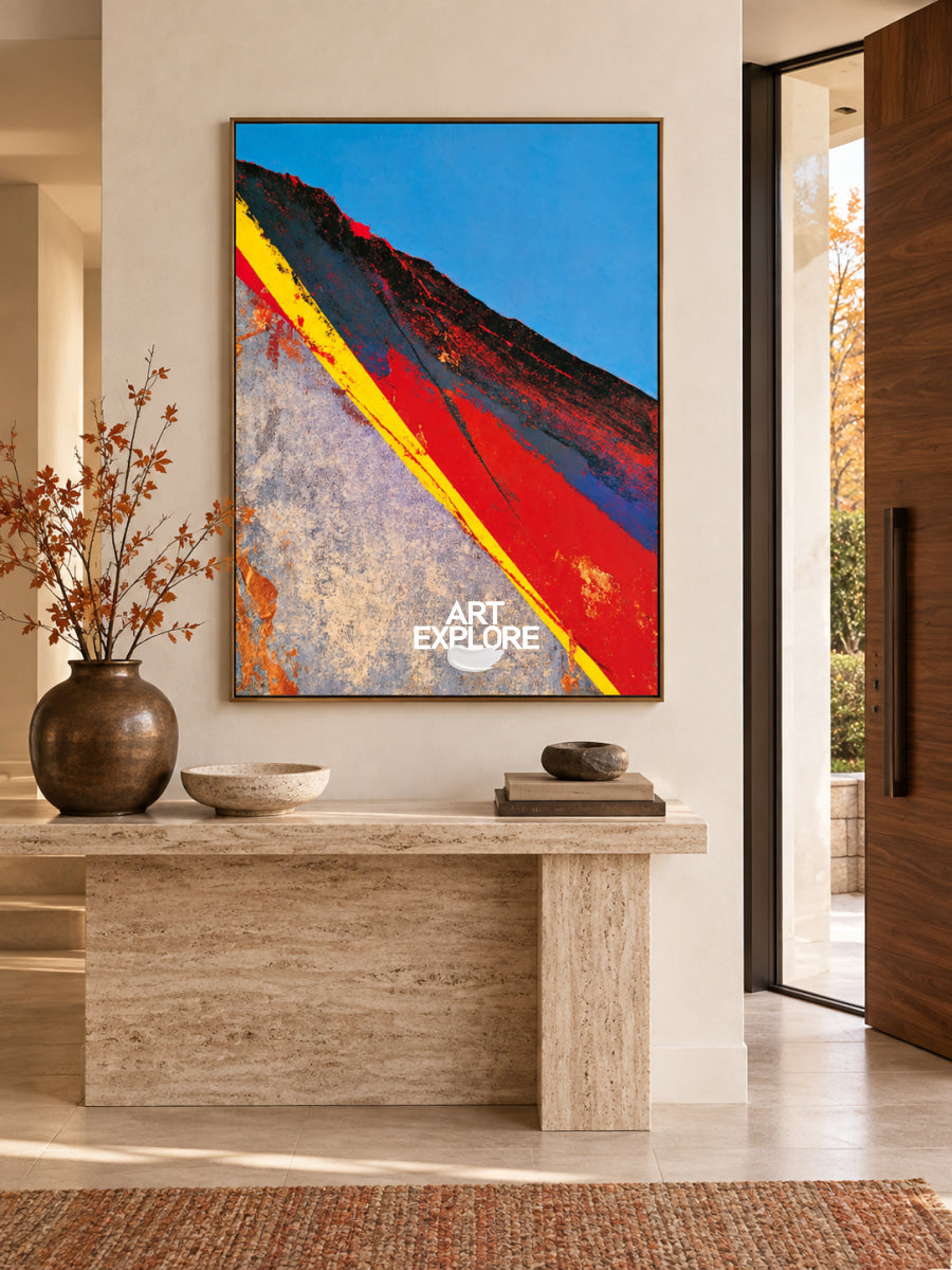 Abstract Red And Blue Landscape Canvas Painting With Yellow Line