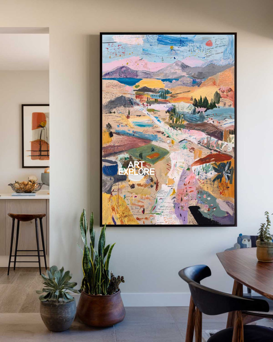 Abstract Pink Blue Landscape Painting Original Art For Modern Living Room Decor