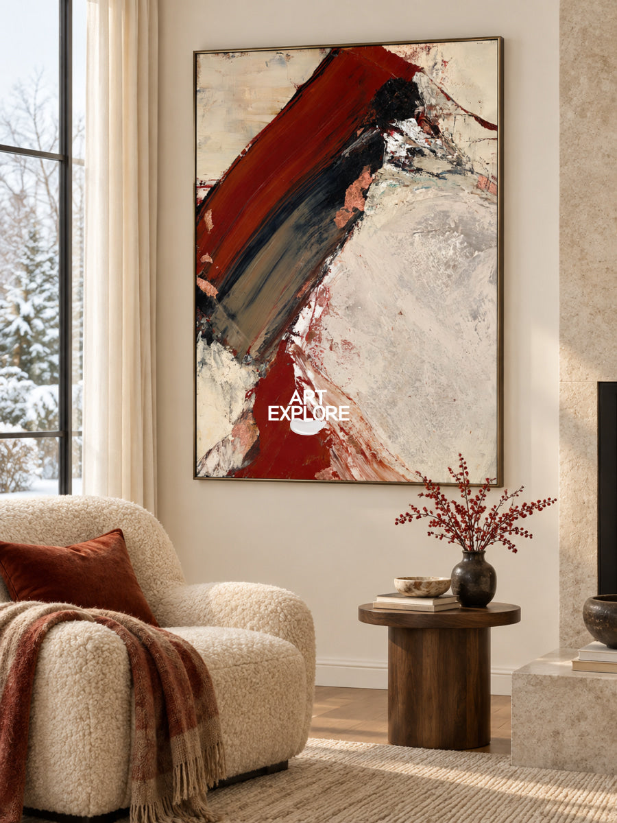 Modern Bold Red And Beige Abstract Canvas Painting Hand-Painted Wall Art