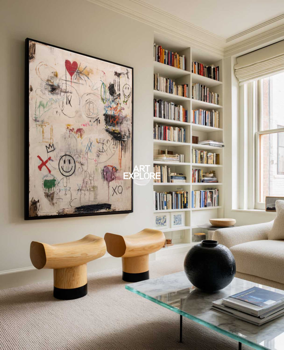 Original Abstract Graffiti Art With Smileys For Modern Living Room Decor