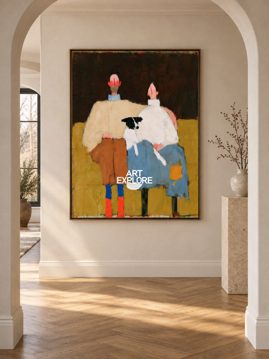 Warm Brown Wall Art For Living Room Modern Abstract Painting With Couple With Dog