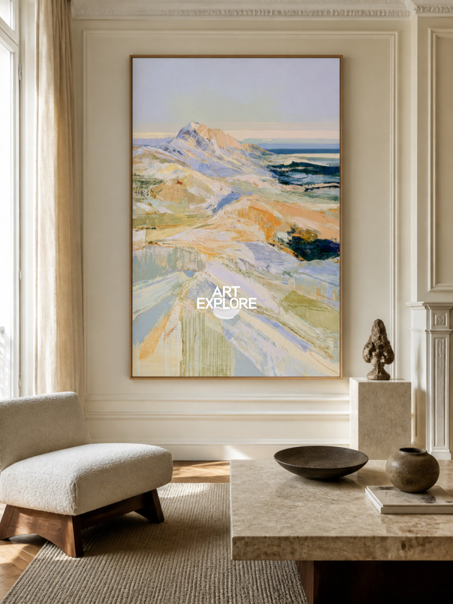 Abstract Mountain Landscape Canvas Painting In Blue And Green Tones