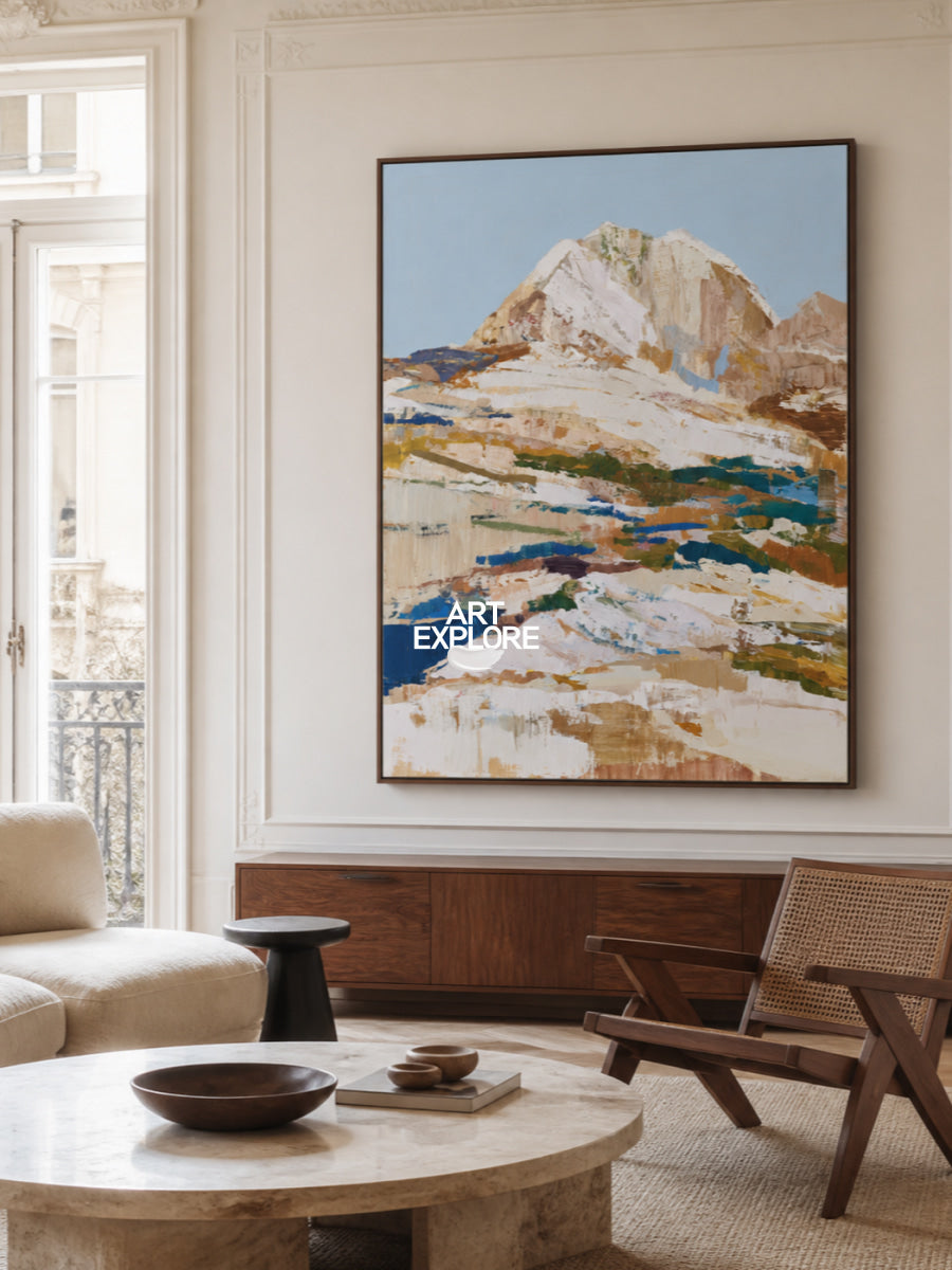 Abstract Mountain Landscape Canvas Painting In Blue And Brown Tones