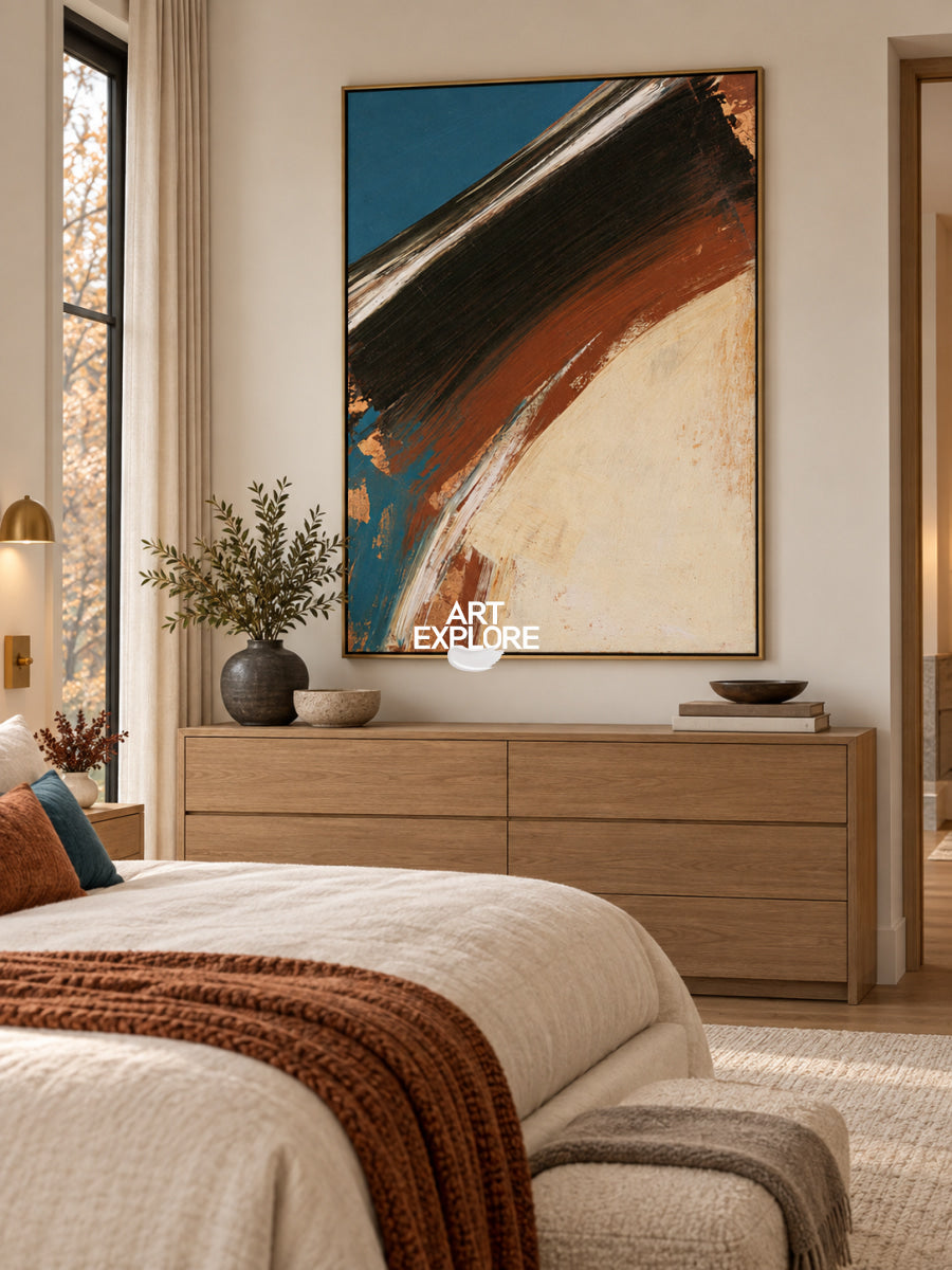 Abstract Blue And Beige Canvas Painting With Earthy Brown Tones