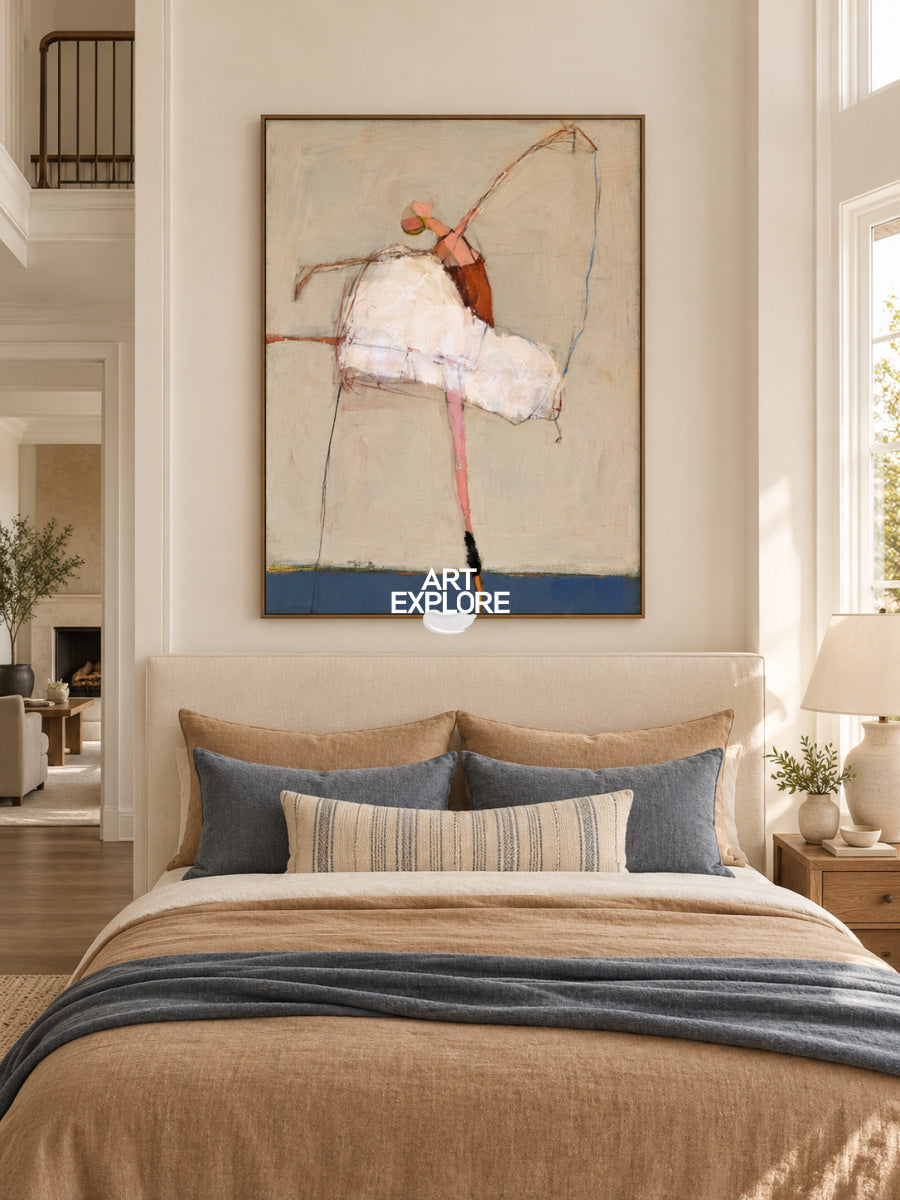 Abstract Ballet Dancer Canvas Painting In Beige And Blue Tones Hand-Painted Wall Art
