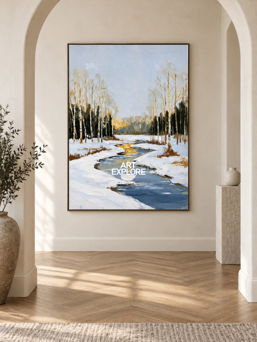 Abstract Winter Landscape Canvas Painting With Blue Stream And Birch Trees