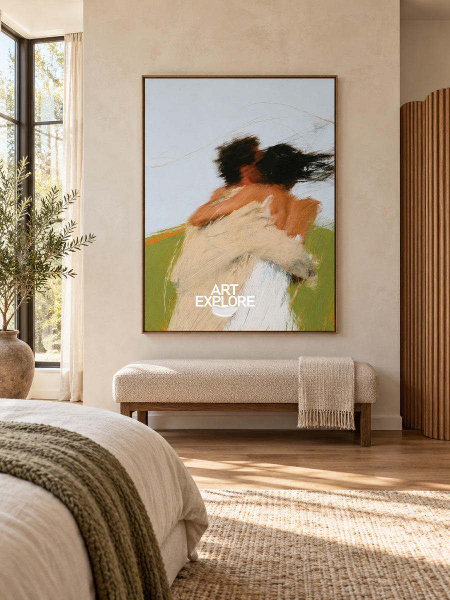 Abstract Couple Embrace Minimalist Canvas Painting In Beige And Brown