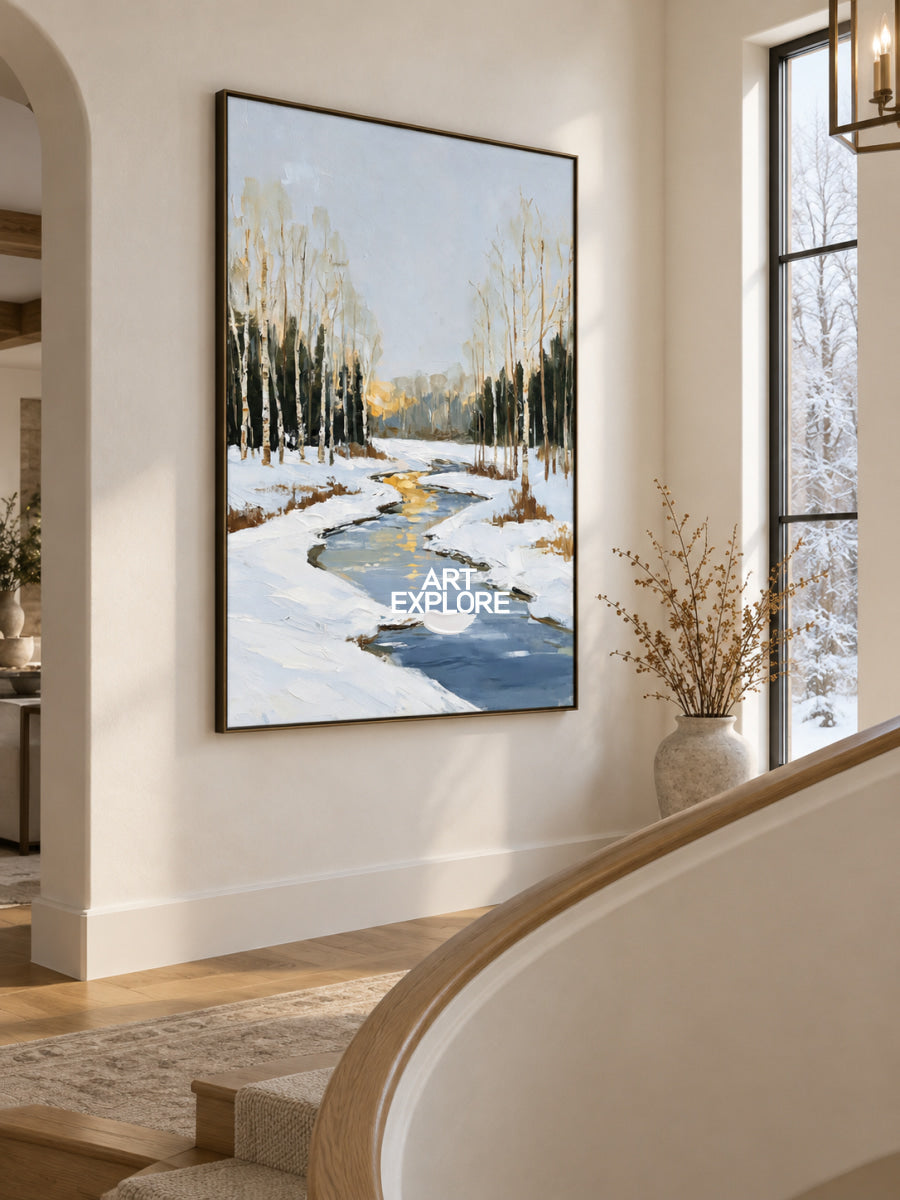 Abstract Winter Landscape Canvas Painting With Blue Stream And Birch Trees