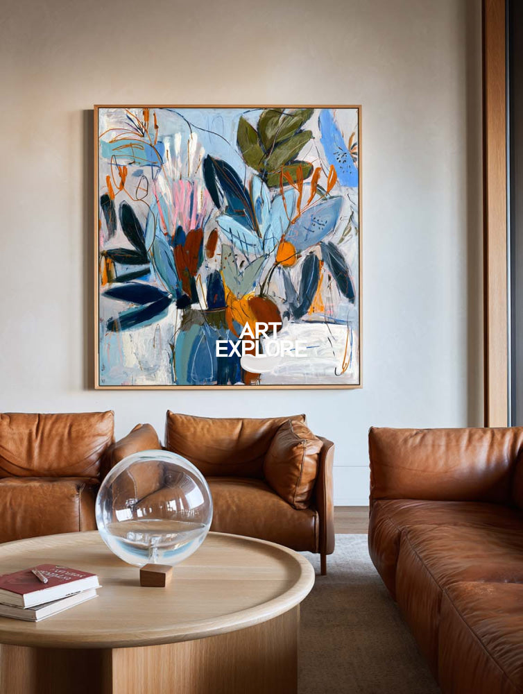 Vibrant Abstract Bouquet Painting Large Blue & Orange Art