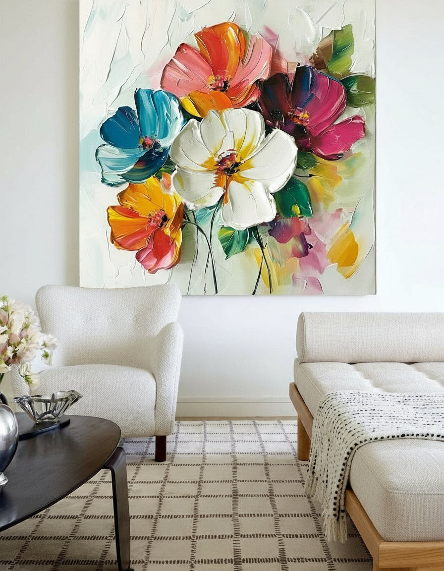 Vibrant Floral Square Canvas Art | Large Hand-Painted Oil Painting for Interior | ArtExplore