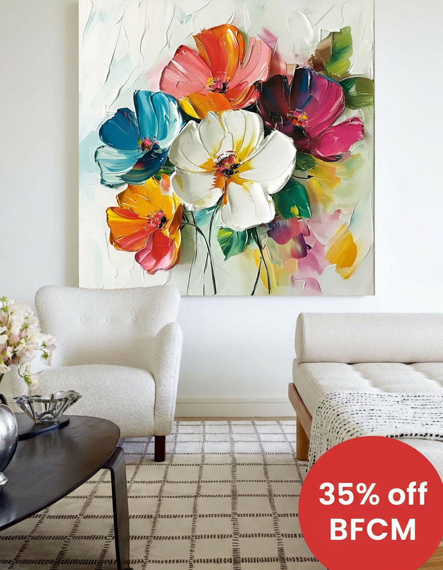 Vibrant Floral Square Canvas Art | Large Hand-Painted Oil Painting for Interior | ArtExplore
