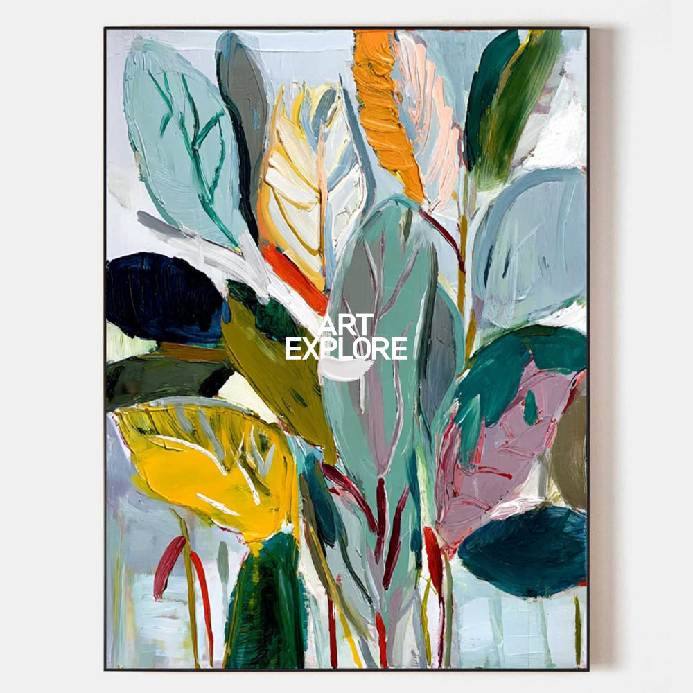 Vibrant Large Abstract Floral Painting Colorful Leaf Wall Art