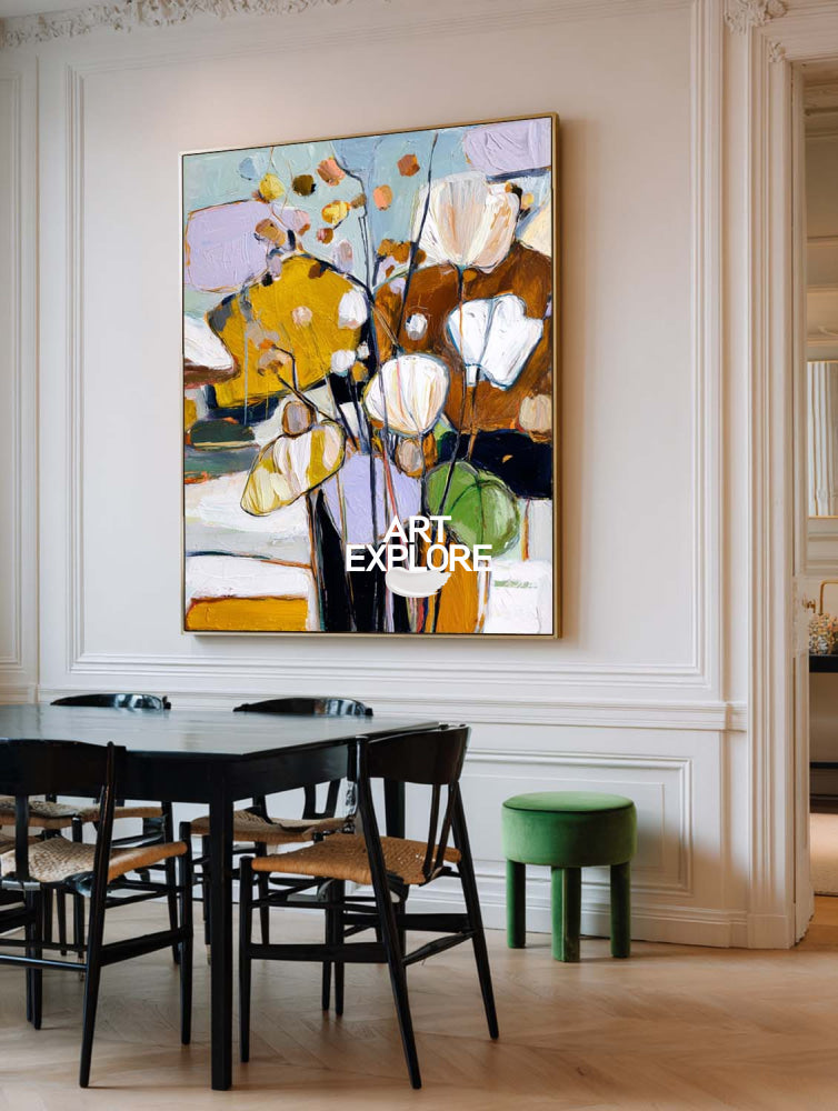 Vibrant Mustard and Terracotta Flower Painting Large Luxury Art
