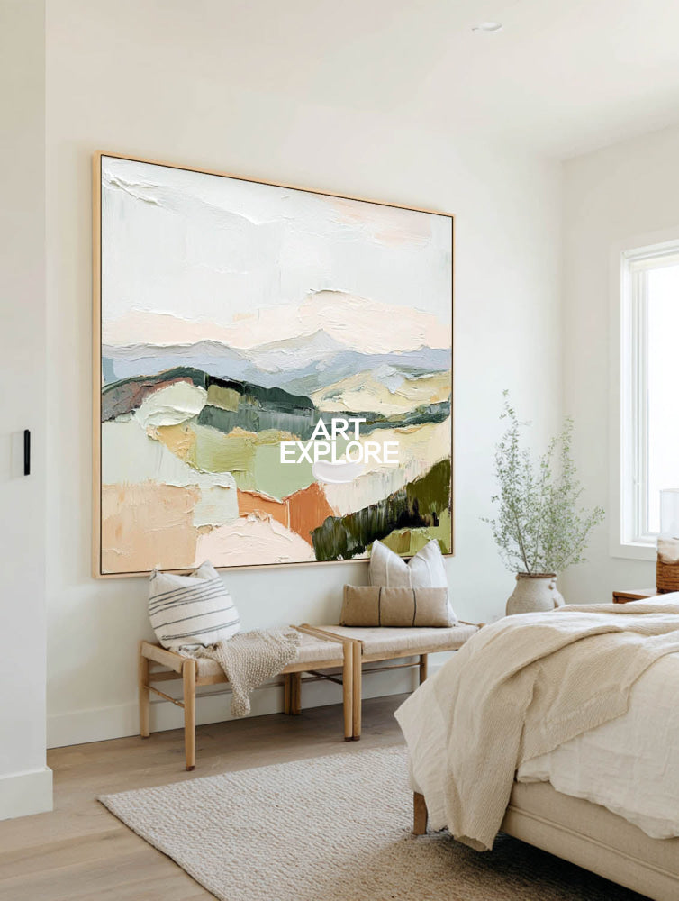 Vibrant Olive Green and Cream Style Landscape Extra Large Sofa Art