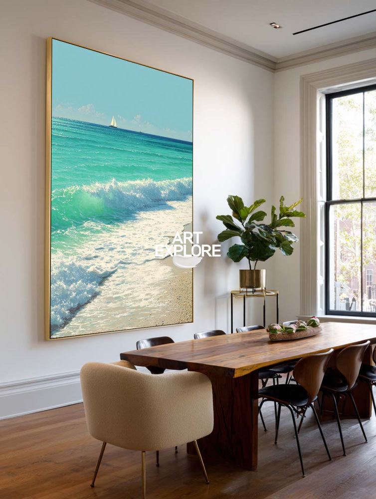Vibrant Seafoam Painting Large 3D Textured Ocean Sailboat Wall Art