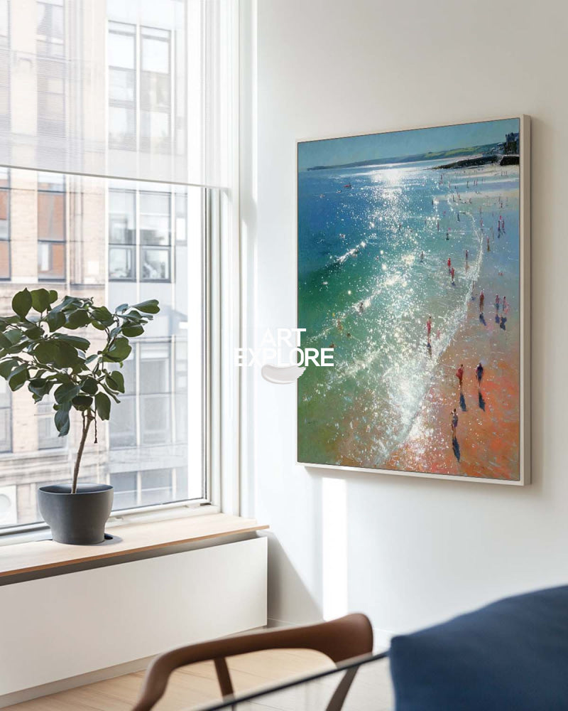 Vibrant Shoreline Painting Hand-Drawn Large Luxury Coastal Canvas