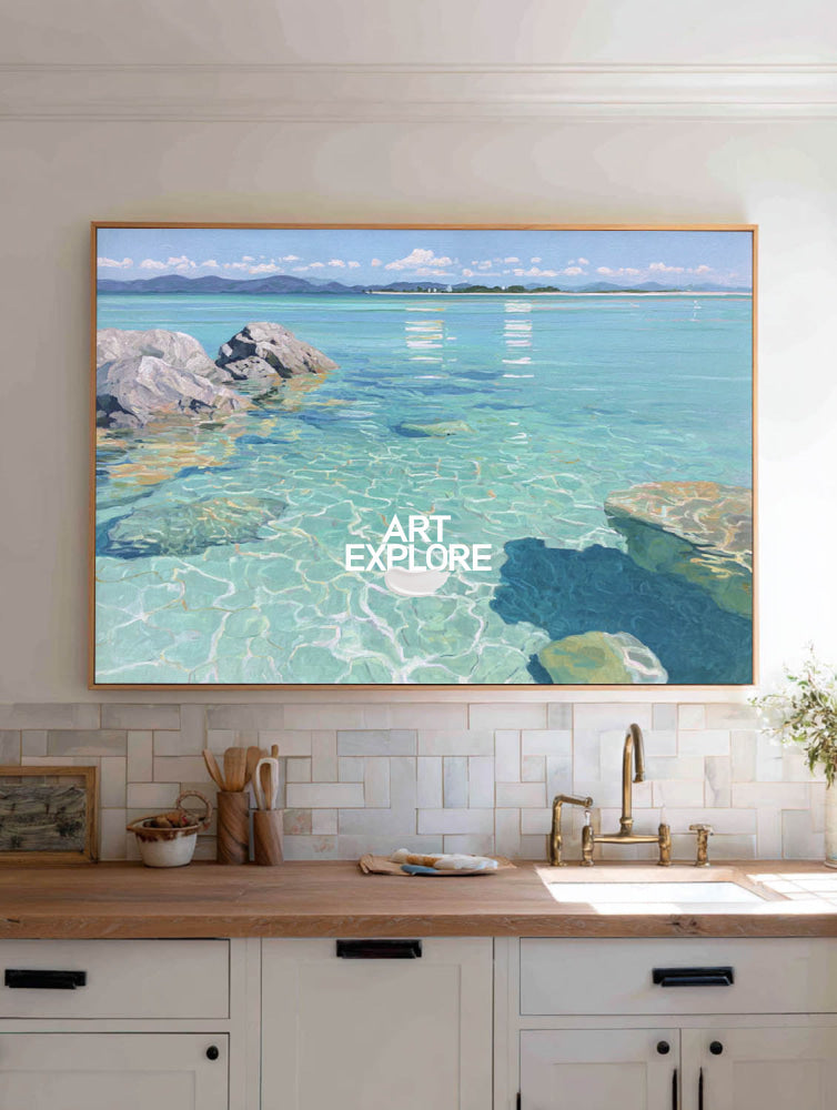 Vibrant Turquoise Lagoon Painting Large 3D Textured Coastline Art