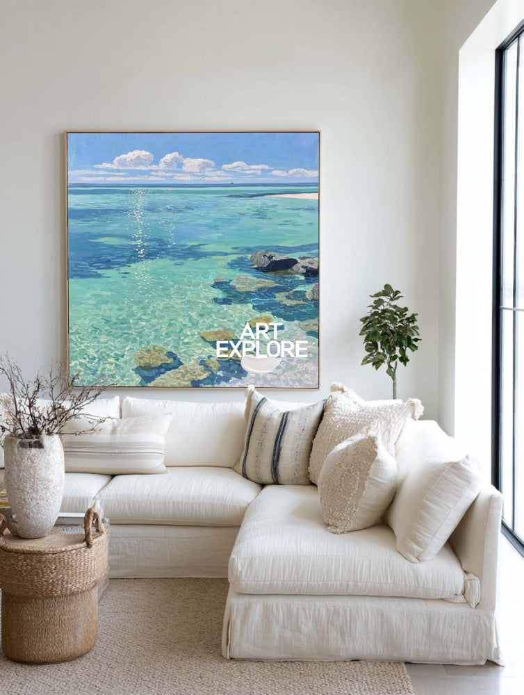 Vibrant Turquoise Rock Painting Large 3D Textured Coastline Wall Art