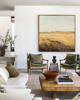 Large Village Autumn Field Painting Brown Countryside Vintage Wall Art Minimalist Wall Art For Sale