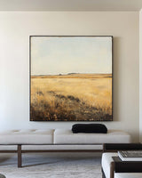 Large Village Autumn Field Painting Brown Countryside Vintage Wall Art Minimalist Wall Art For Sale