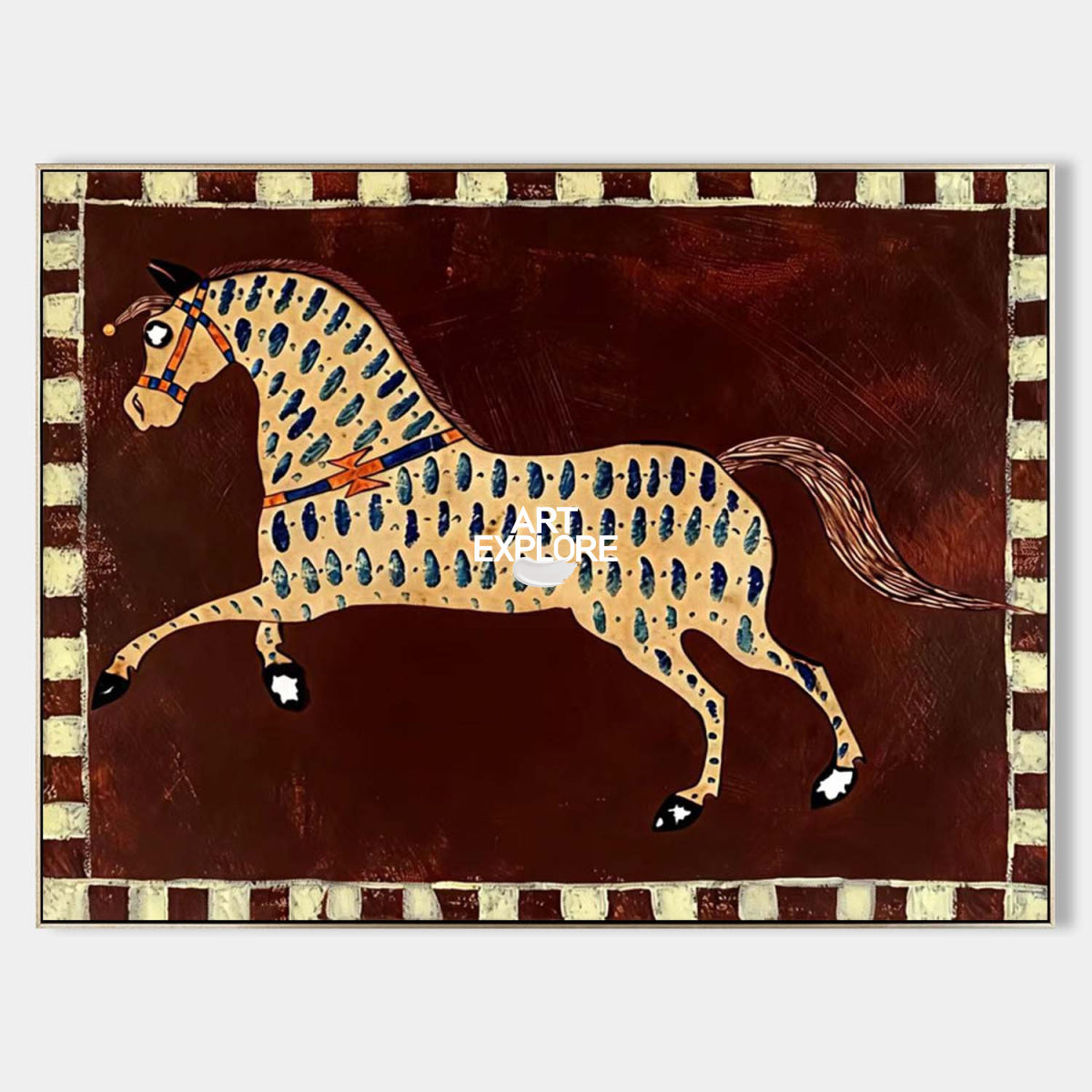 Vintage Folk Art Horse Painting On Canvas With Red Brown Tones For Living Room Decor