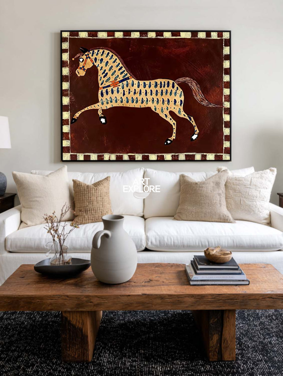Vintage Folk Art Horse Painting On Canvas With Red Brown Tones For Living Room Decor