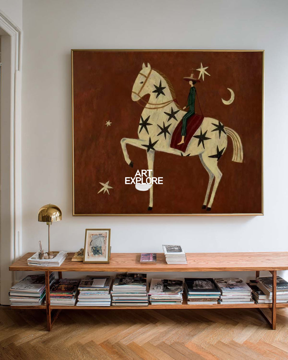 Folk Art Horse Painting With Stars And Moon For Living Room Decor