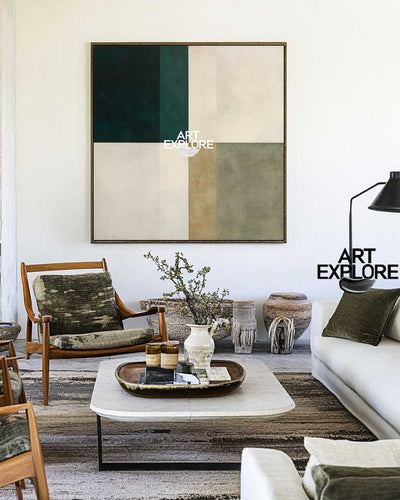 Wabi-Sabi Style Green and Beige Geometric Oil Painting – ArtExplore