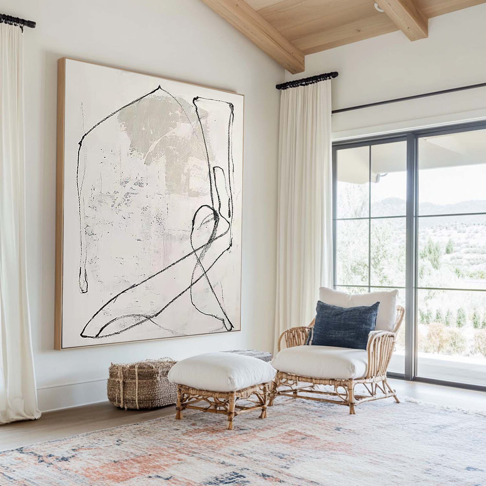 Wabi-Sabi White Minimalist Canvas – Hand-Painted Black Line Abstract Art – ArtExplore