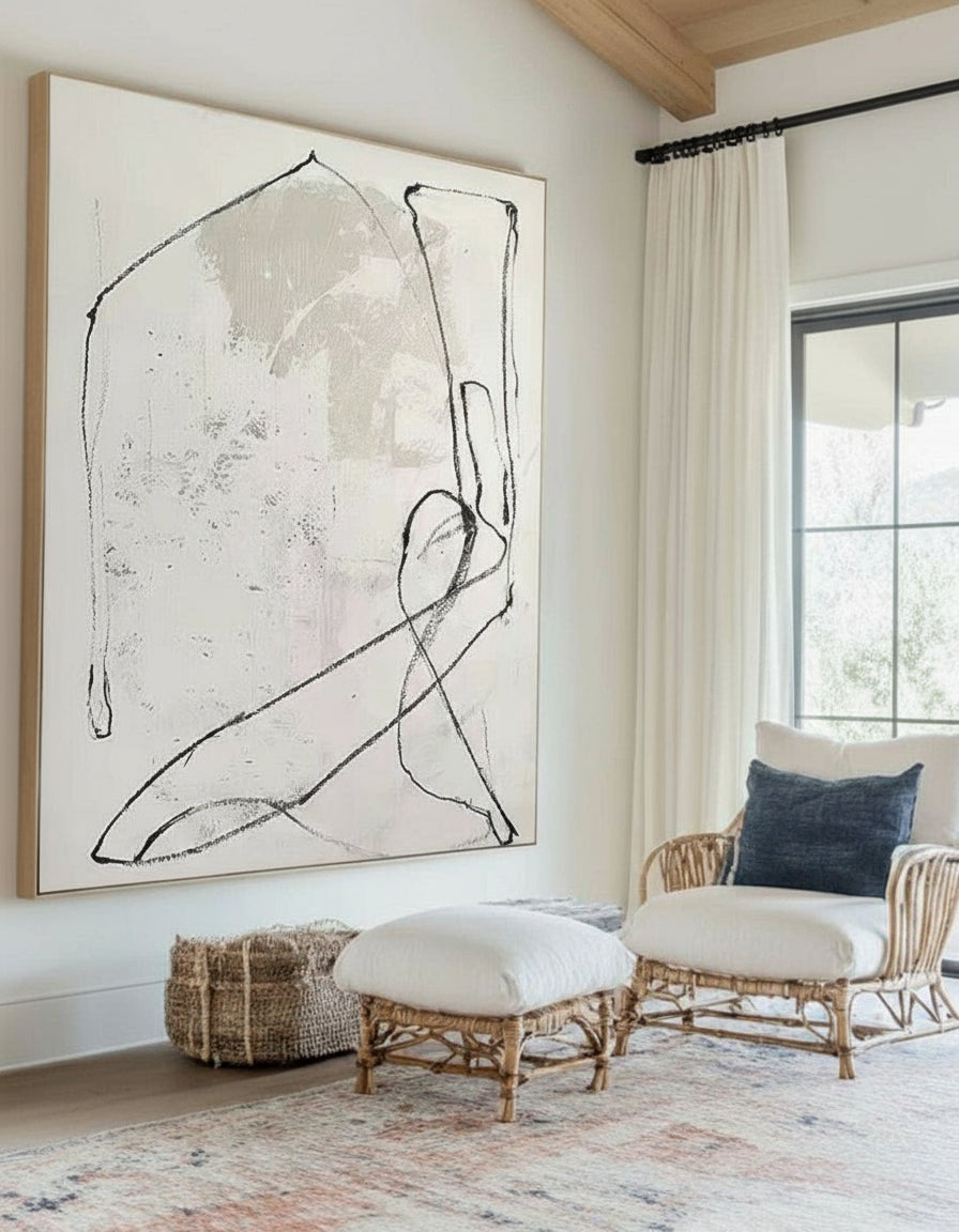 Wabi-Sabi White Minimalist Canvas – Hand-Painted Black Line Abstract Art – ArtExplore