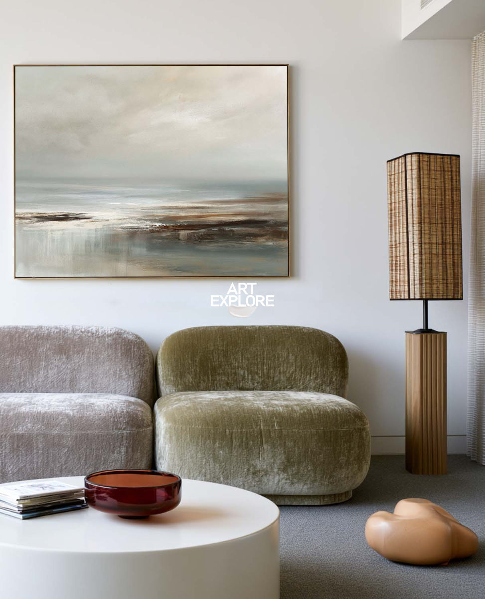 Wabi Sabi Coastal Landscape Painting In Grey And Beige For Modern Living Room Decor