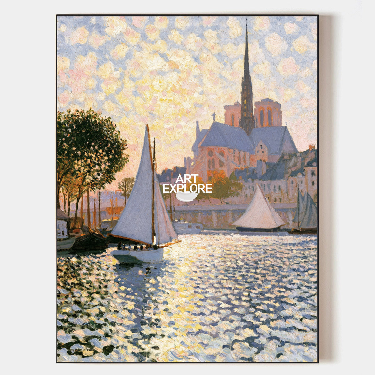Sunlit Harbor With Sailboats And Church Canvas Painting
