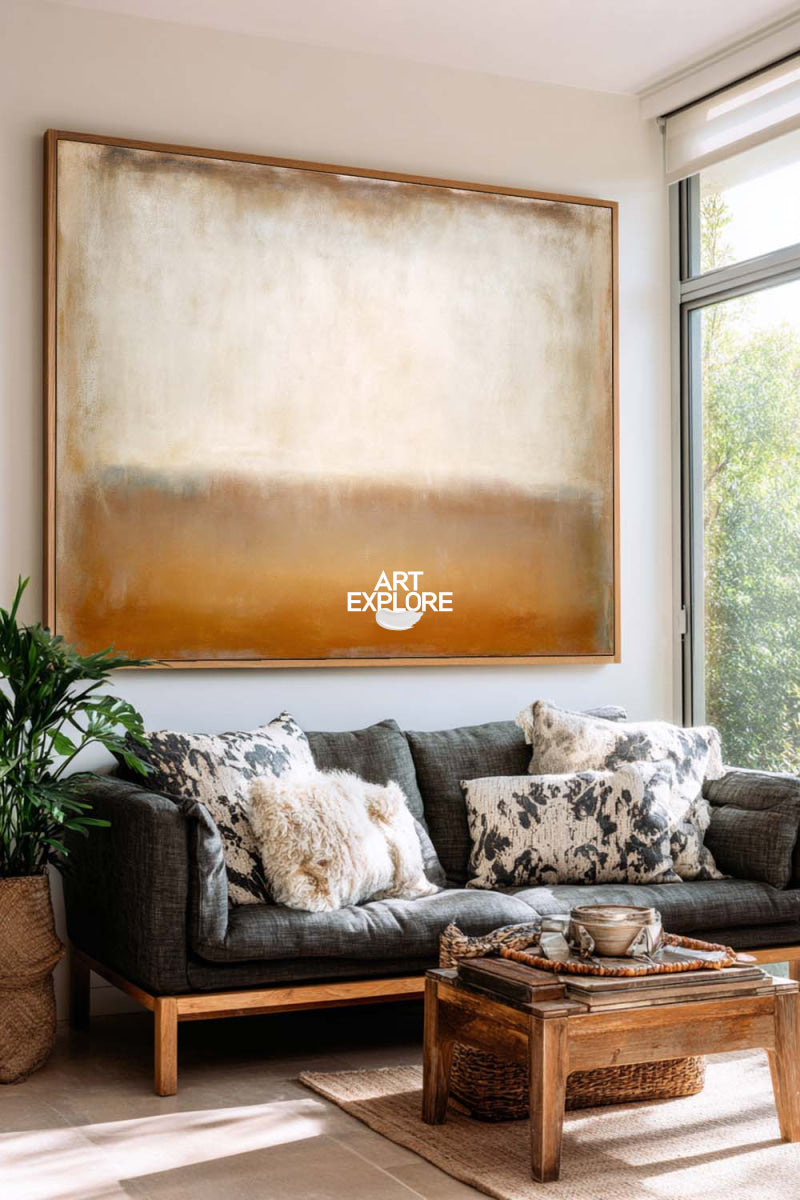 Modern Minimalist Oil Painting Beige Horizon Line Art For Contemporary Home Decor