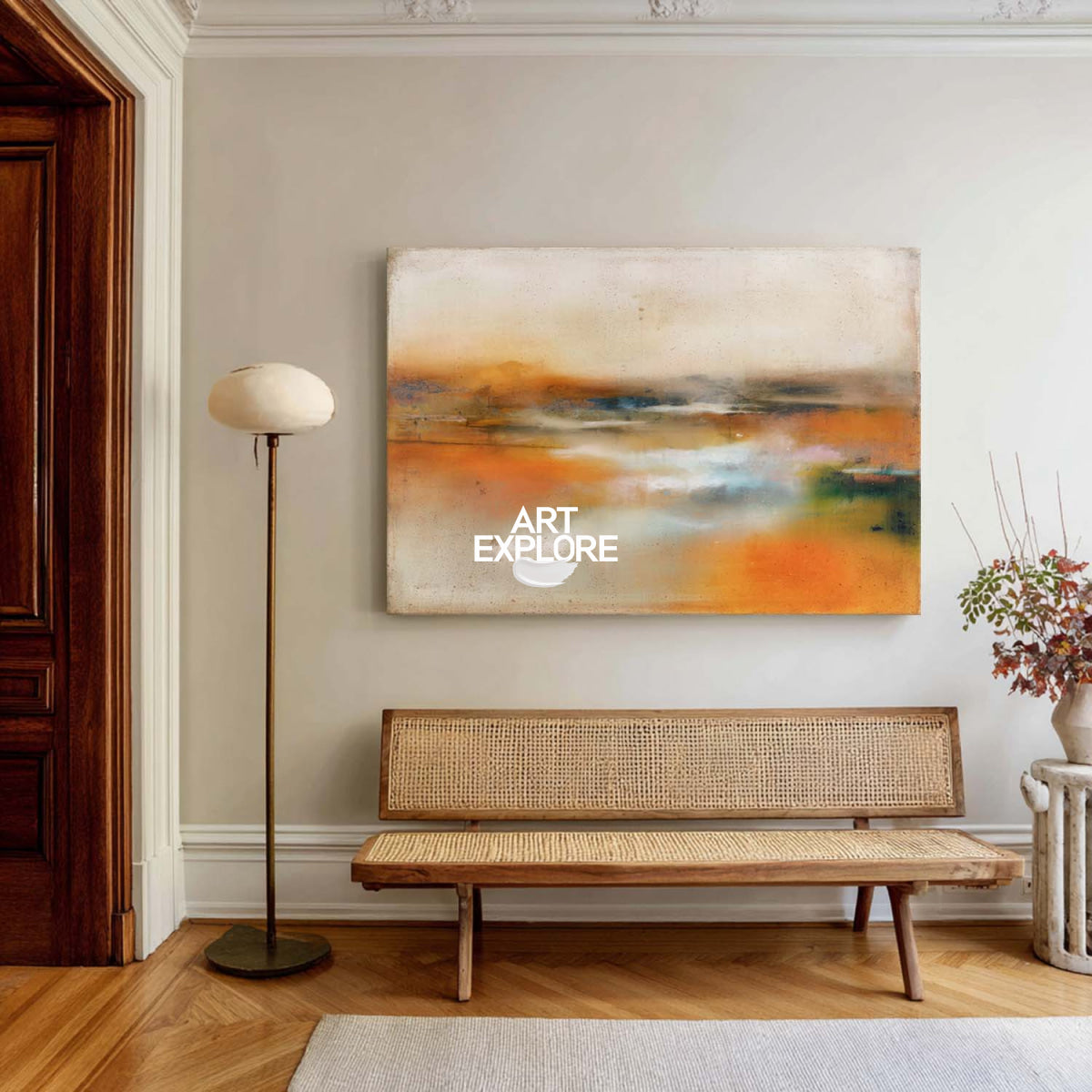 Large Abstract Landscape Painting In Brown And Amber Tones For Modern Living Room Decor