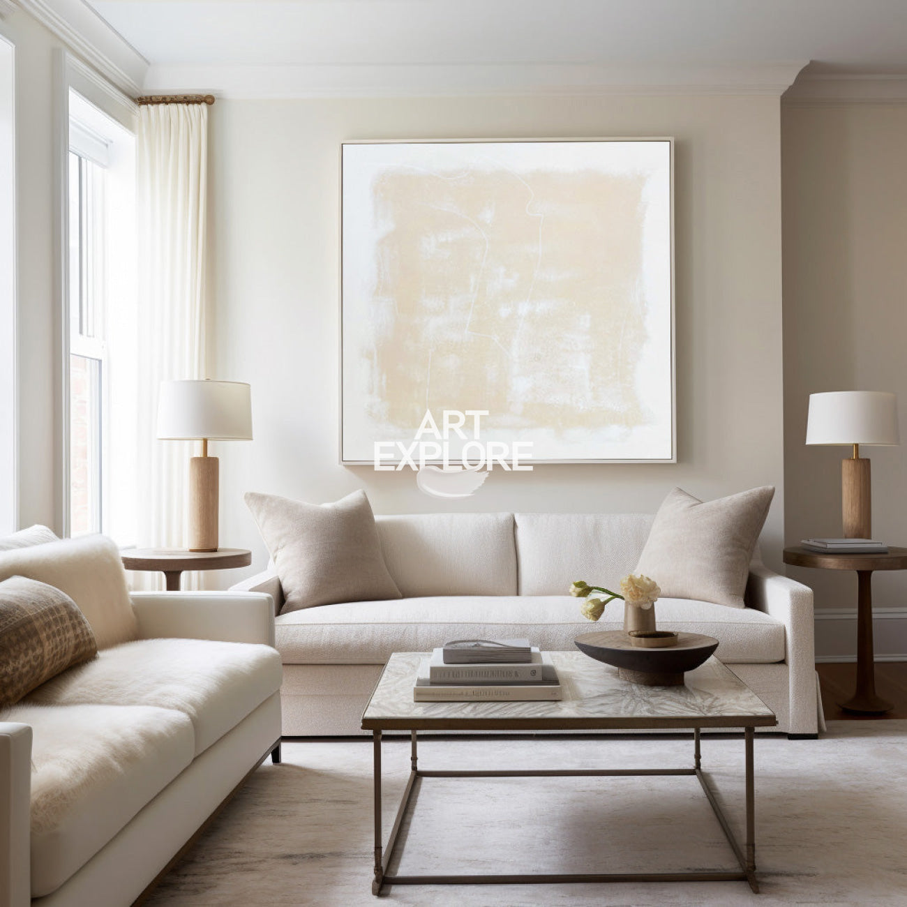 White and Beige Minimalist Abstract Art On Canvas Modern Painting Abstract Painting For livingroom