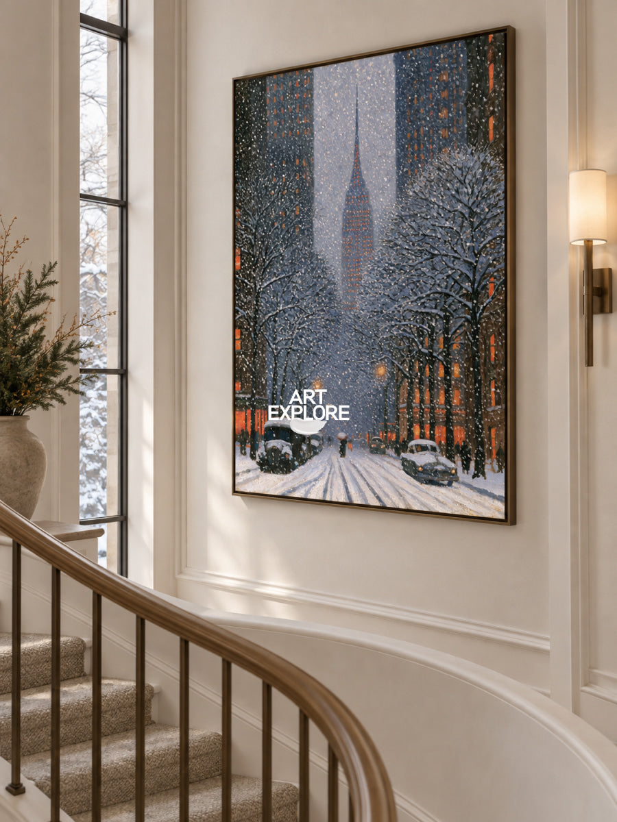 Snowy New York City Painting With Empire State Building Blue Wall Art