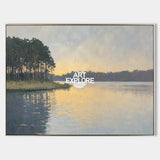 Serene Sunset Lake Painting With Forest Reflections For Modern Living Room Decor