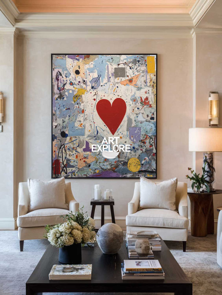 Vibrant Red Heart Abstract Painting Modern Art For Living Room Wall Decor