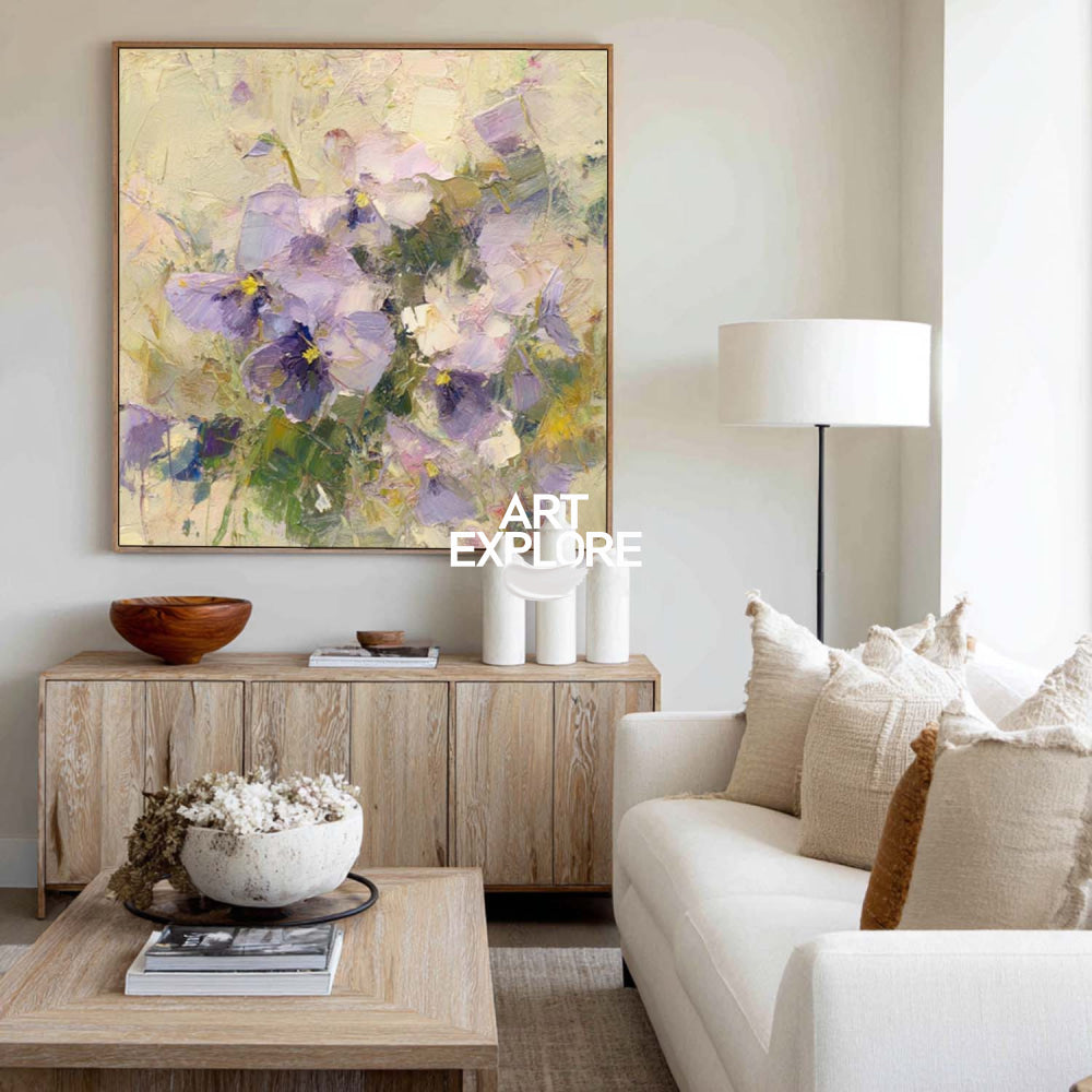 Purple Floral Textured Oil Painting Original Art For Modern Home Decor