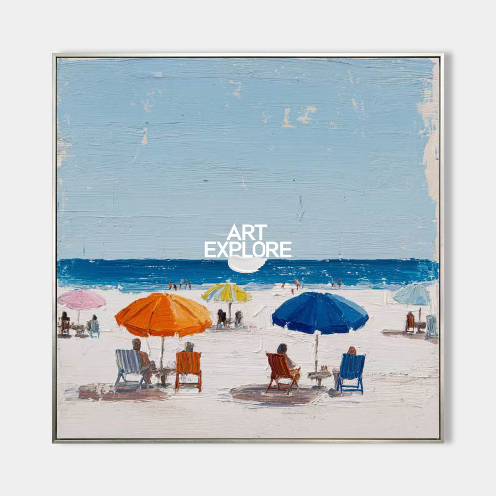 Vibrant Abstract Beach Painting With Orange Umbrellas For Modern Coastal Decor