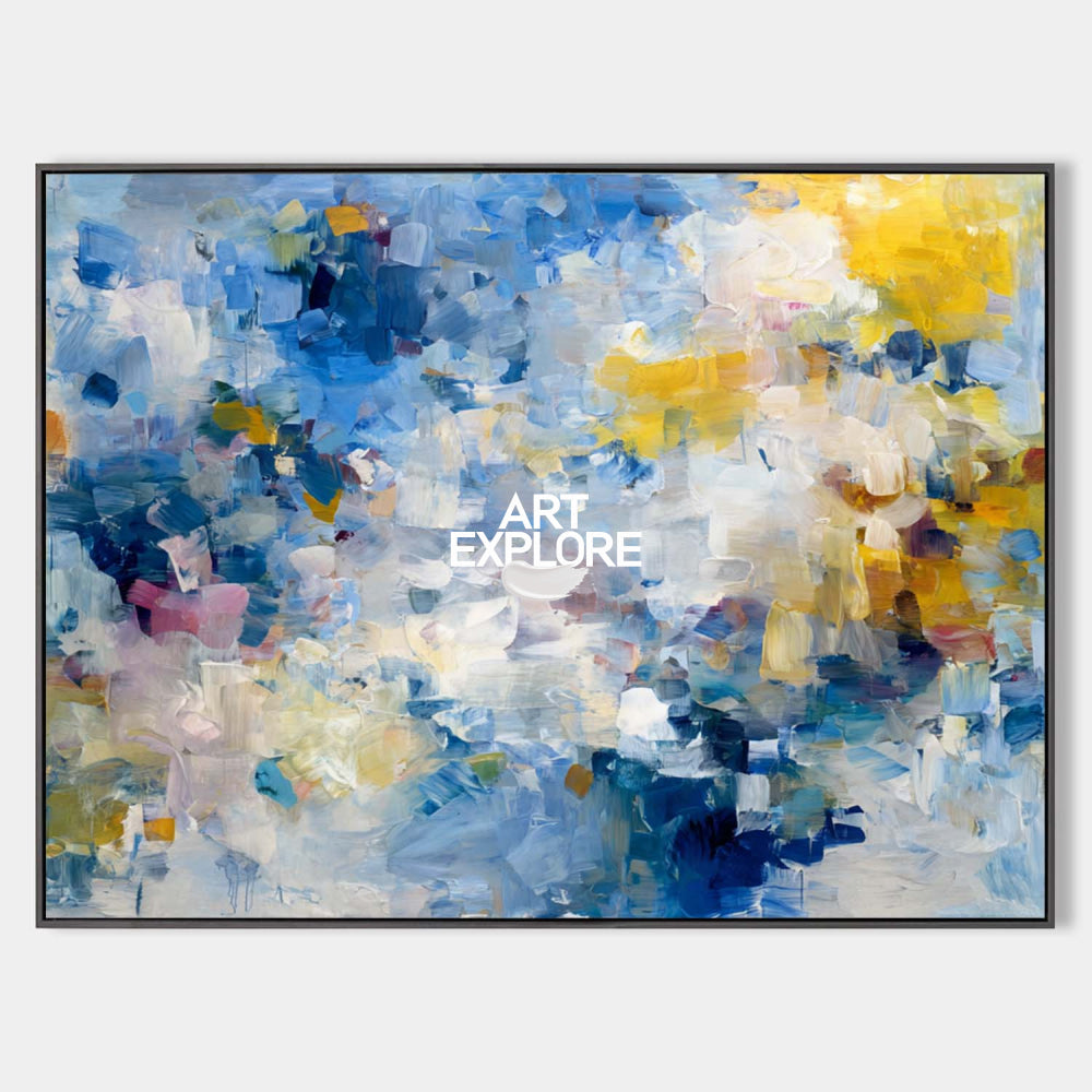 Abstract Impressionist Painting With Blue And Yellow Textured Art For Modern Living Room