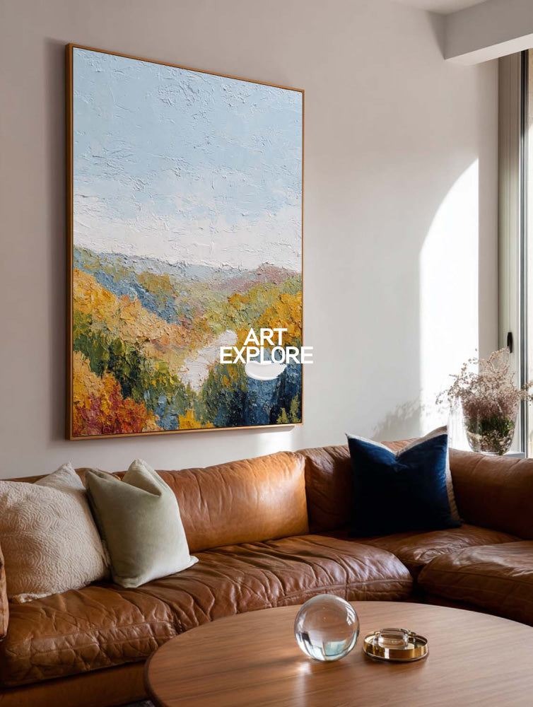 Modern Textured Landscape Canvas Print With Warm Autumn Colors For Office Decor