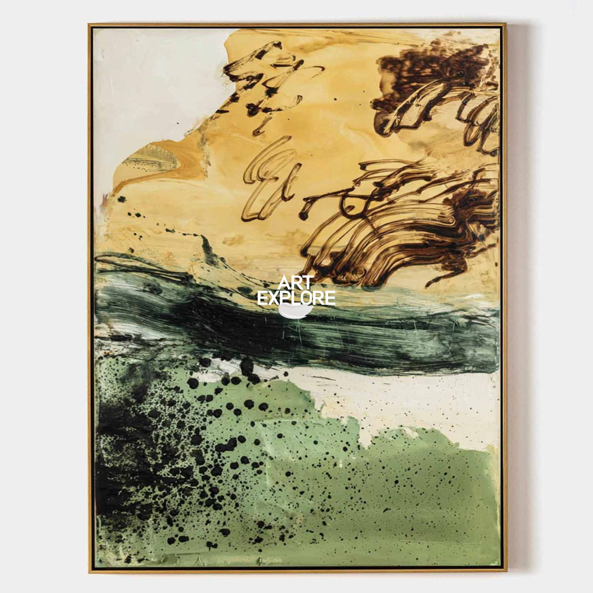 Modern Abstract Green And Gold Painting Vertical Canvas Wall Art For Living Room